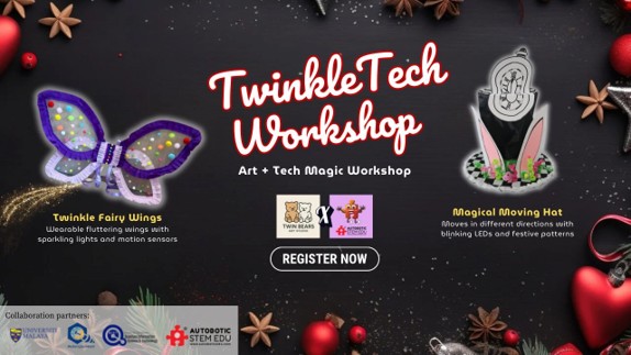 TwinkleTech Workshop featuring wearable light-up wings and a magical moving hat