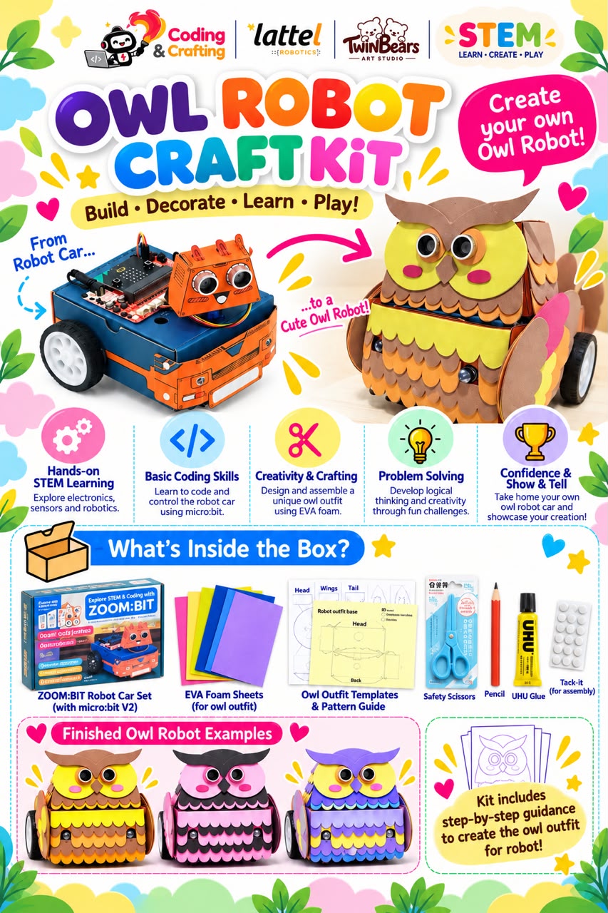 Owl Robot Craft Kit with coding, robotics, and craft materials